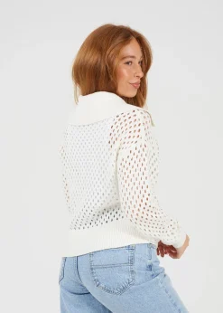 Tops>Brave Soul White Crochet Knit Zip Through Cardigan