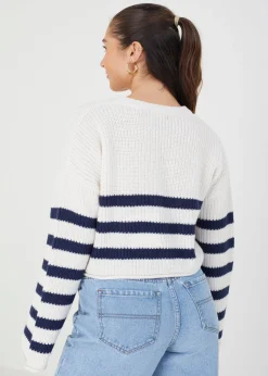 Tops>Brave Soul White Randel Striped Cropped Knitted Jumper