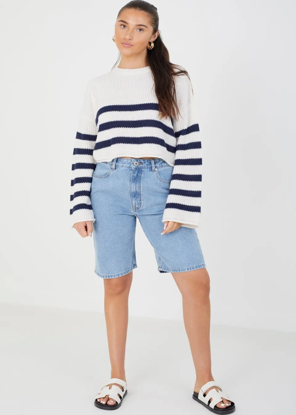 Tops>Brave Soul White Randel Striped Cropped Knitted Jumper