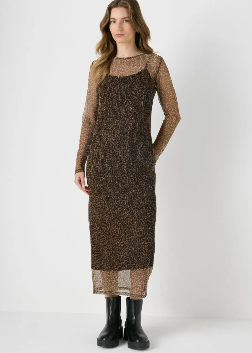 Dresses>Papaya Brown Animal Plisse Midi Dress
