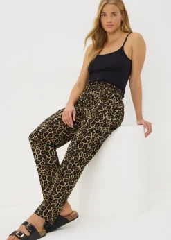 Trousers>Papaya Brown Animal Print Tapered Trousers