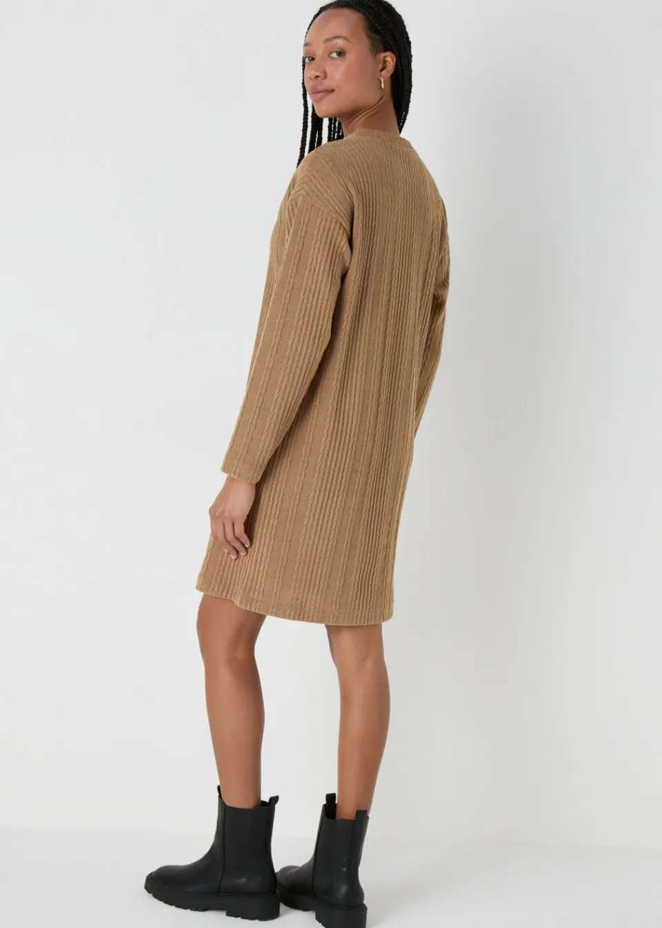 Knitwear>Papaya Cable Knit Mini Dress Brown
