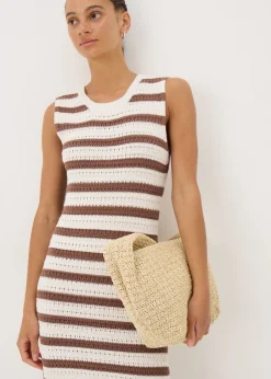 Knitwear>Papaya Brown Crochet Stripe Midi Dress