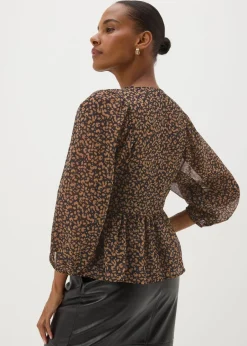 Tops>Papaya Brown Gathered Volume Sleeve Blouse