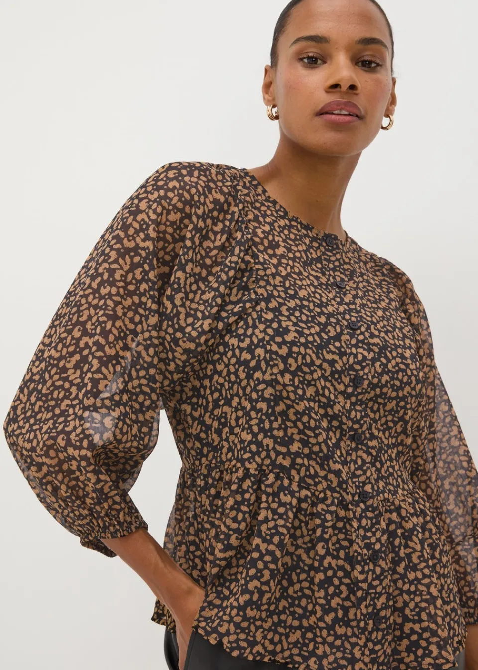 Tops>Papaya Brown Gathered Volume Sleeve Blouse
