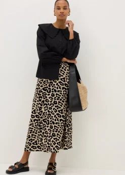 Skirts>Papaya Brown Leopard Print Flared Hem Midaxi Skirt