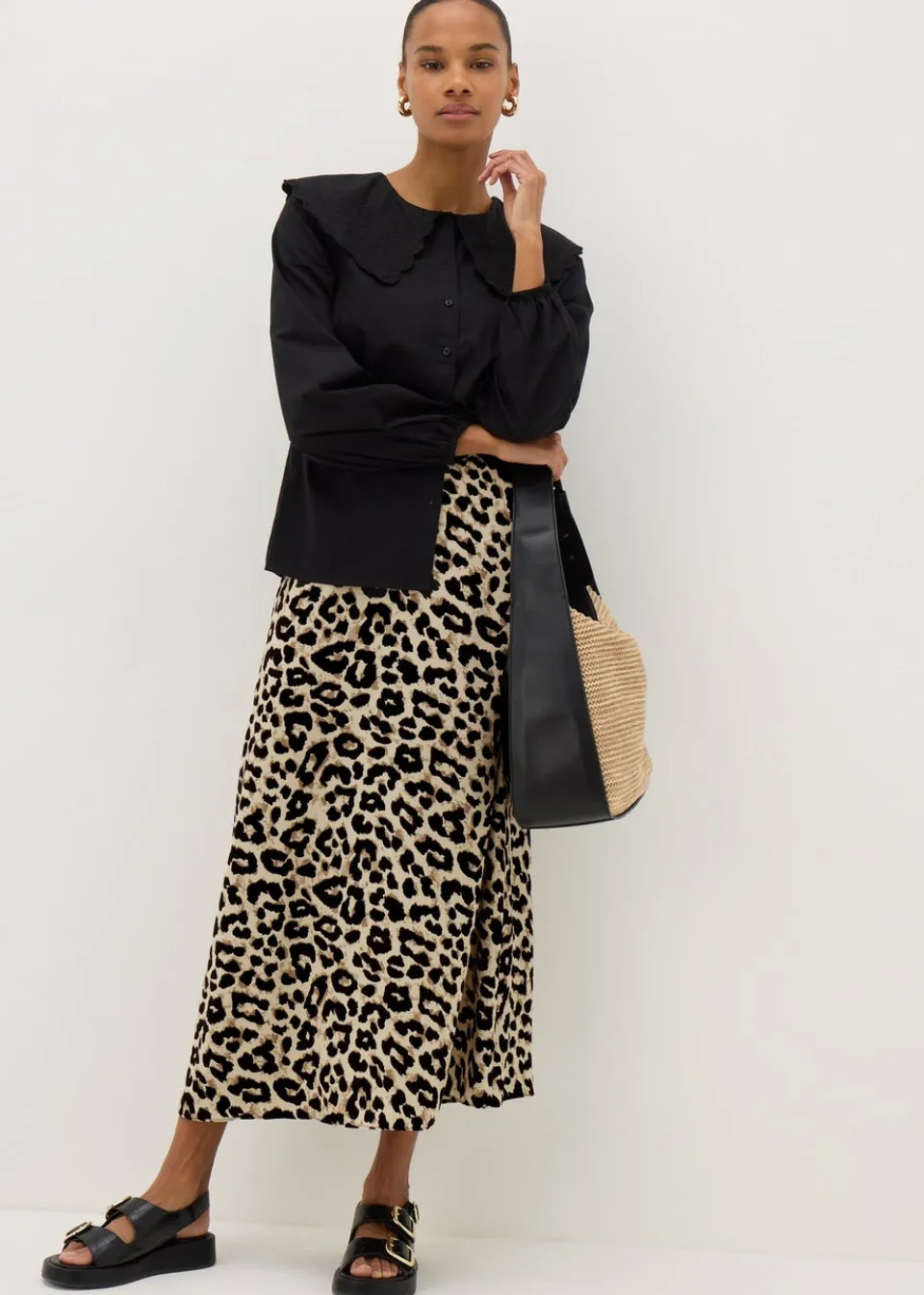 Skirts>Papaya Brown Leopard Print Flared Hem Midaxi Skirt