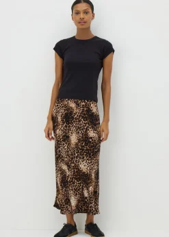 Skirts>Papaya Brown Leopard Print Satin Midaxi Slip Skirt