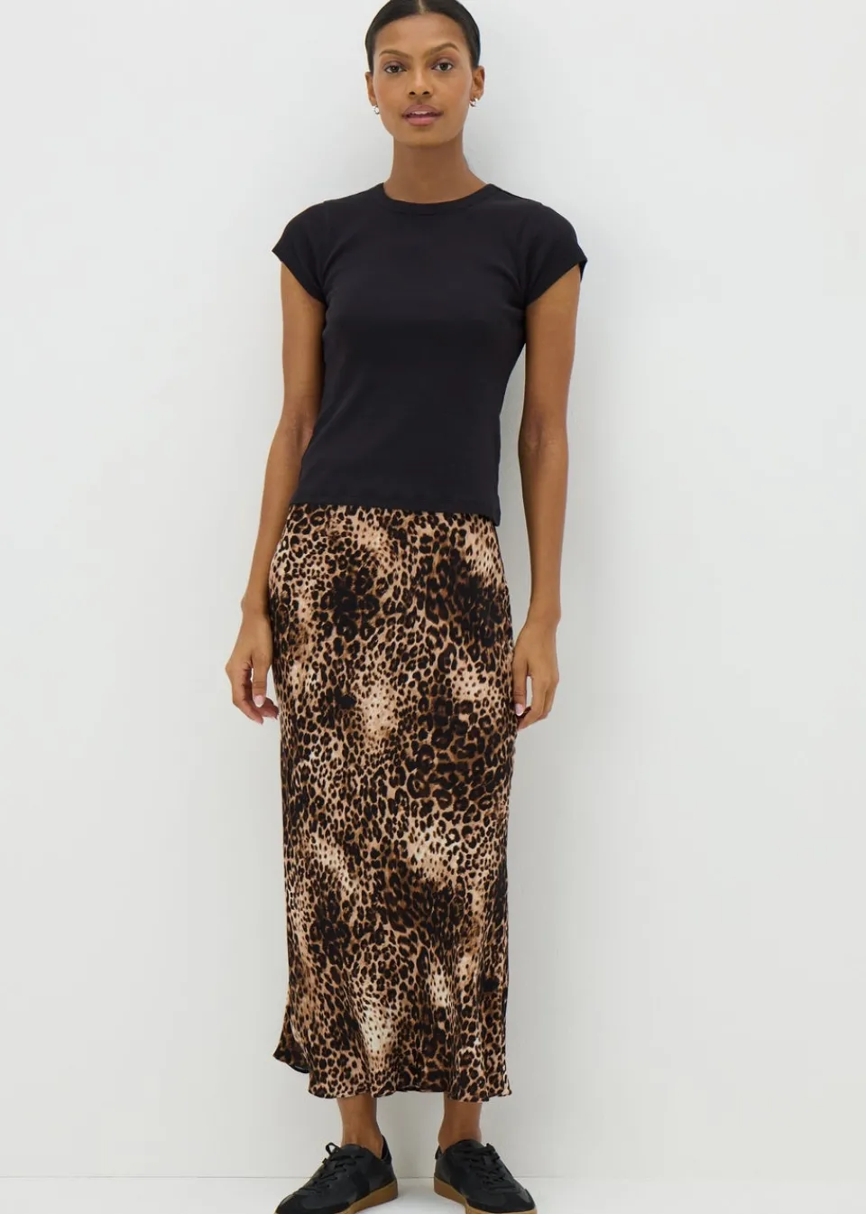 Skirts>Papaya Brown Leopard Print Satin Midaxi Slip Skirt