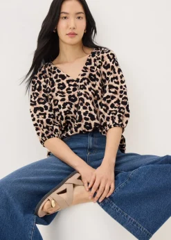 Tops>Papaya Brown Leopard Print Tea Blouse
