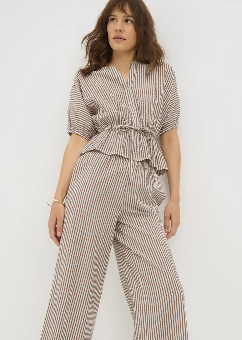 Tops>Papaya Brown Seersucker Stripe Co Ord Peplum Blouse