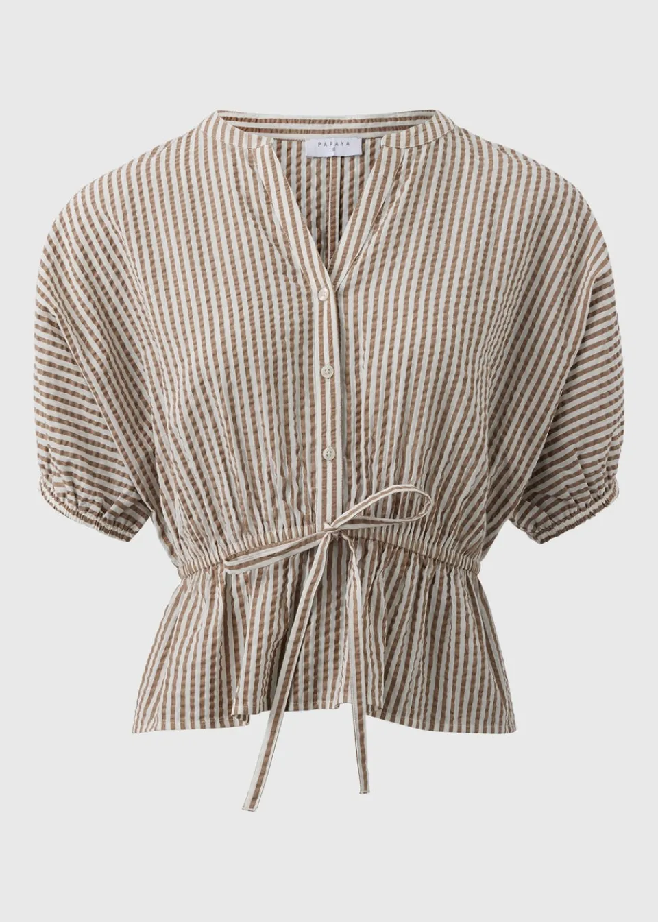 Tops>Papaya Brown Seersucker Stripe Co Ord Peplum Blouse