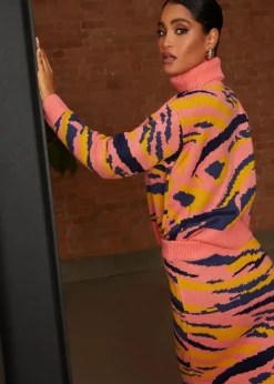 Tops>Chi Chi London Abstract Stripe Roll Neck Jumper