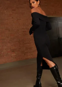 Knitwear>Chi Chi London Black Bardot Split Detail Midi Jumper Dress