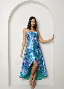 Dresses>Chi Chi London Blue Bandeau Sweetheart Floral Wrap Detail Dip Hem Dress