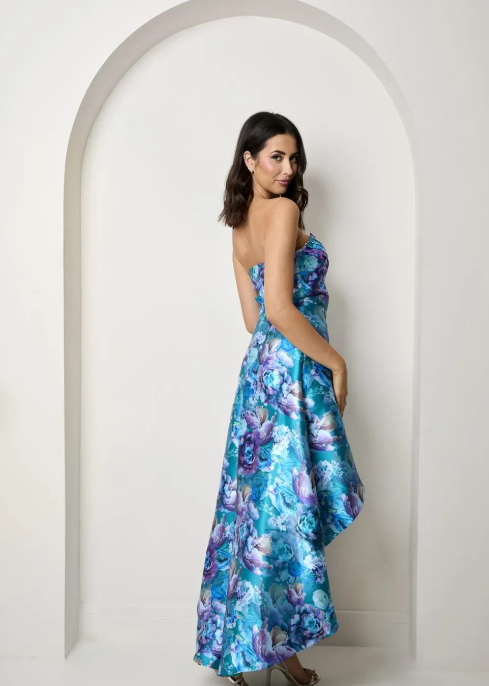 Dresses>Chi Chi London Blue Bandeau Sweetheart Floral Wrap Detail Dip Hem Dress