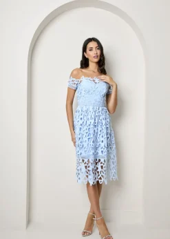 Dresses>Chi Chi London Blue Bardot Lace Midi Crochet Dress