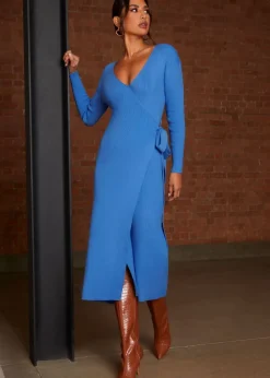 Knitwear>Chi Chi London Blue Knitted Wrap Midi Dress