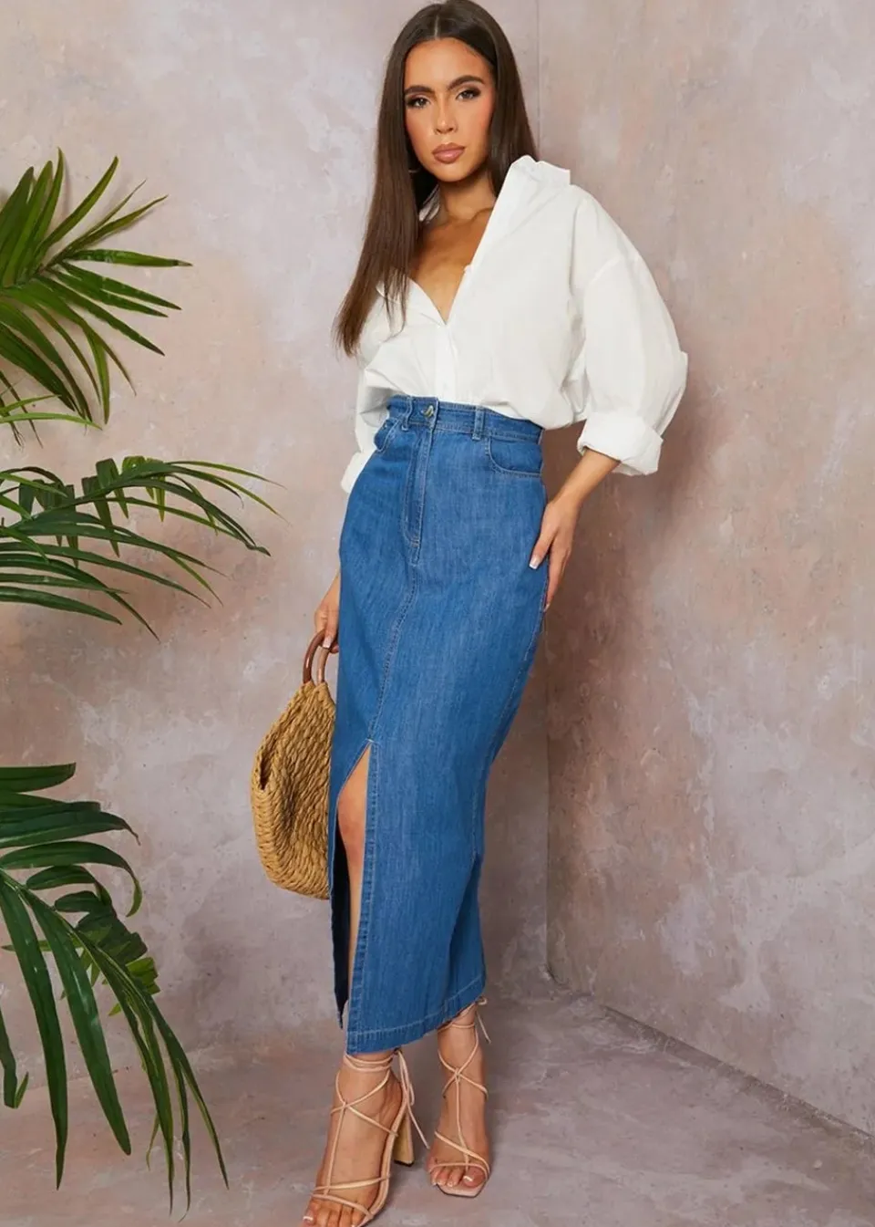 Skirts>Chi Chi London Blue Split Hem Demin Maxi Skirt