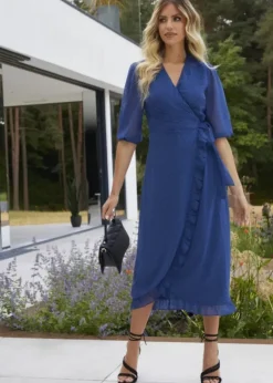 Dresses>Chi Chi London Cobalt Short Sleeve Dobby Wrap Midi Dress