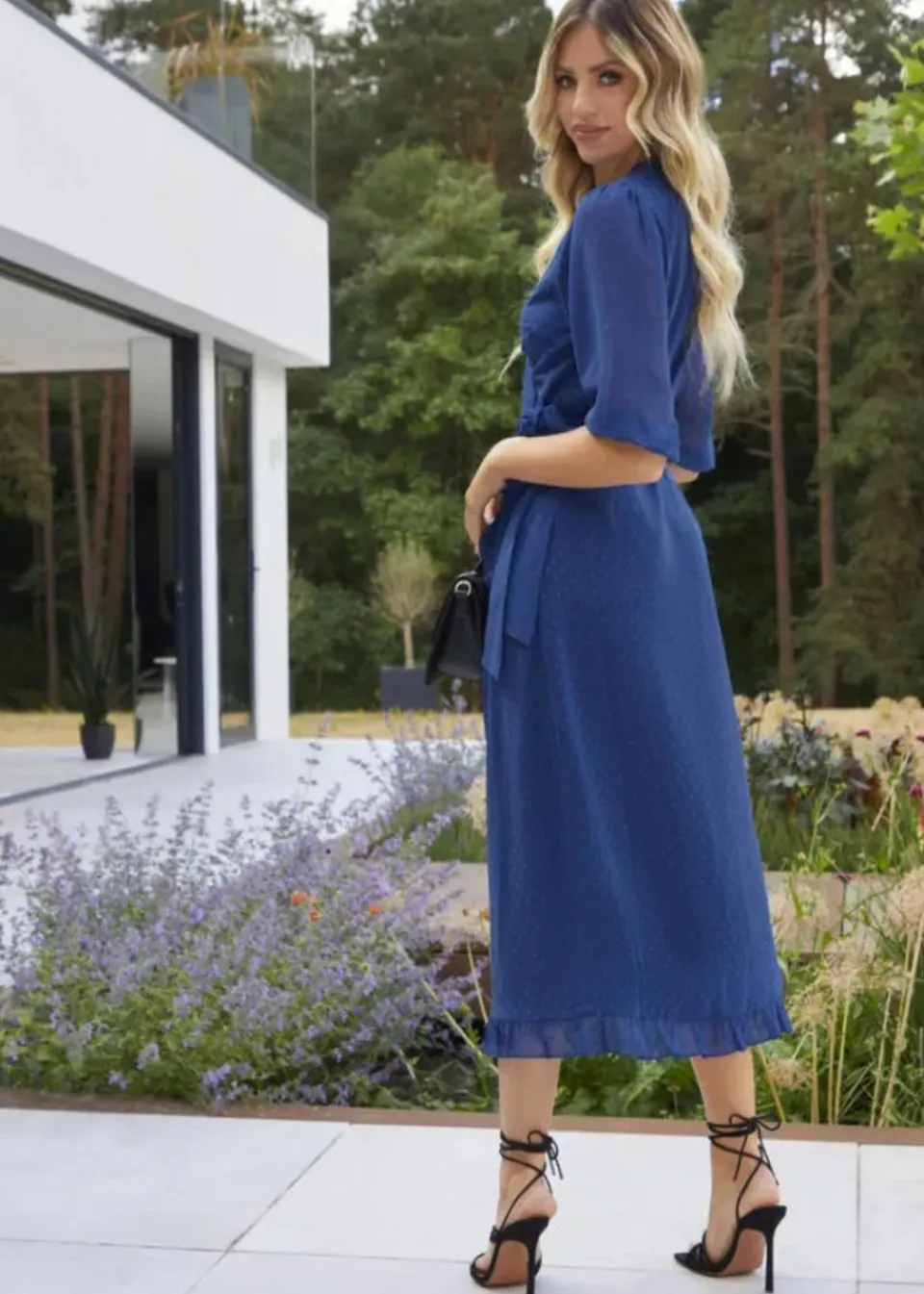 Dresses>Chi Chi London Cobalt Short Sleeve Dobby Wrap Midi Dress