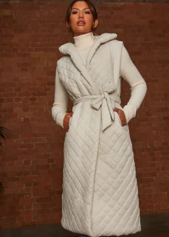 Coats & Jackets>Chi Chi London Cream Diamond Quilted Longline Belted Gilet