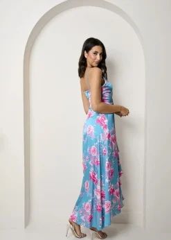 Dresses>Chi Chi London Green Cami Floral Wrap Midi Dip Hem Dress