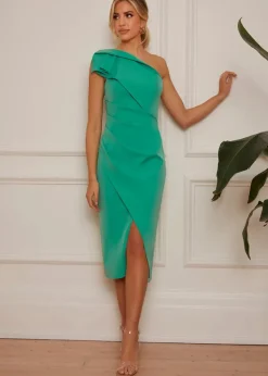 Dresses>Chi Chi London Green One Shoulder Wrap Detail Midi Dress