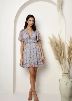 Dresses>Chi Chi London Grey Short Sleeve Ruffle Mini Dress