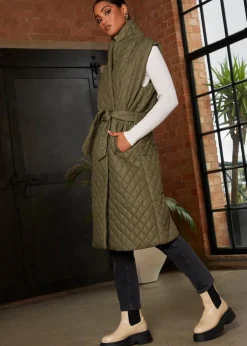 Coats & Jackets>Chi Chi London Khaki Diamond Quilted Longline Belted Gilet
