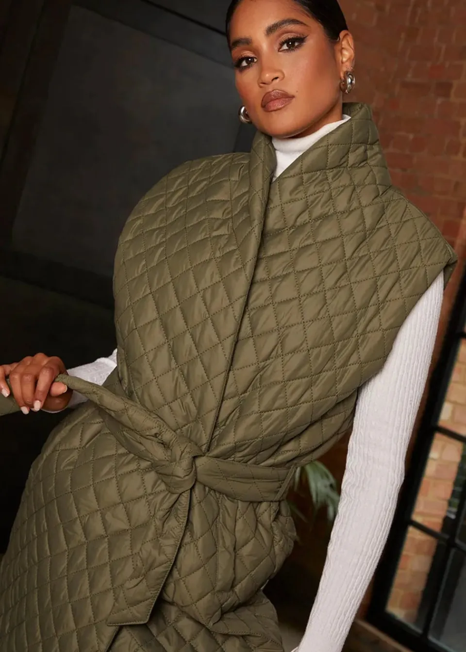 Coats & Jackets>Chi Chi London Khaki Diamond Quilted Longline Belted Gilet