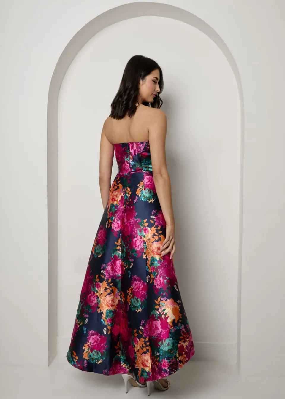 Dresses>Chi Chi London Navy Bandeau Sweetheart Floral Wrap Detail Dip Hem Dress