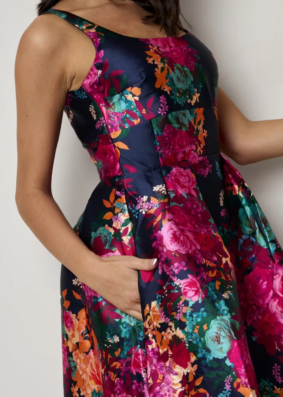 Dresses>Chi Chi London Navy Plus Size Sleeveless Floral Fit and Flare Midi Dress