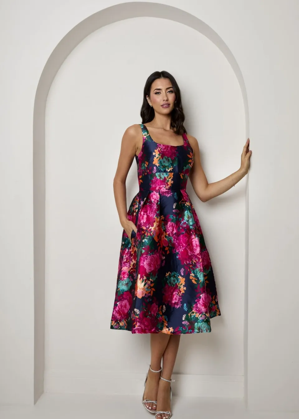 Dresses>Chi Chi London Navy Plus Size Sleeveless Floral Fit and Flare Midi Dress