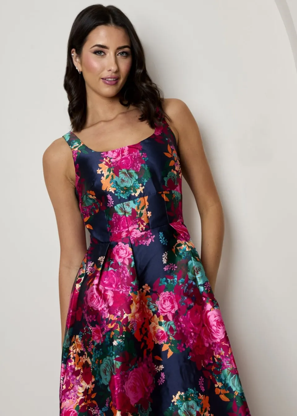 Dresses>Chi Chi London Navy Sleeveless Floral Fit & Flare Midi Dress