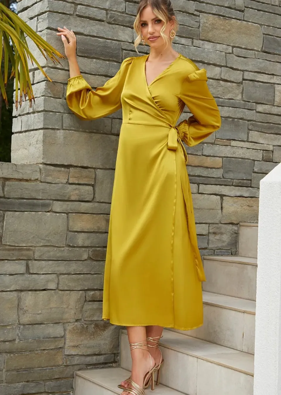 Dresses>Chi Chi London Olive Long Sleeve Satin Wrap Shirt Dress