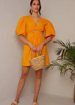 Dresses>Chi Chi London Orange Ring Front Puff Sleeve Mini Dress