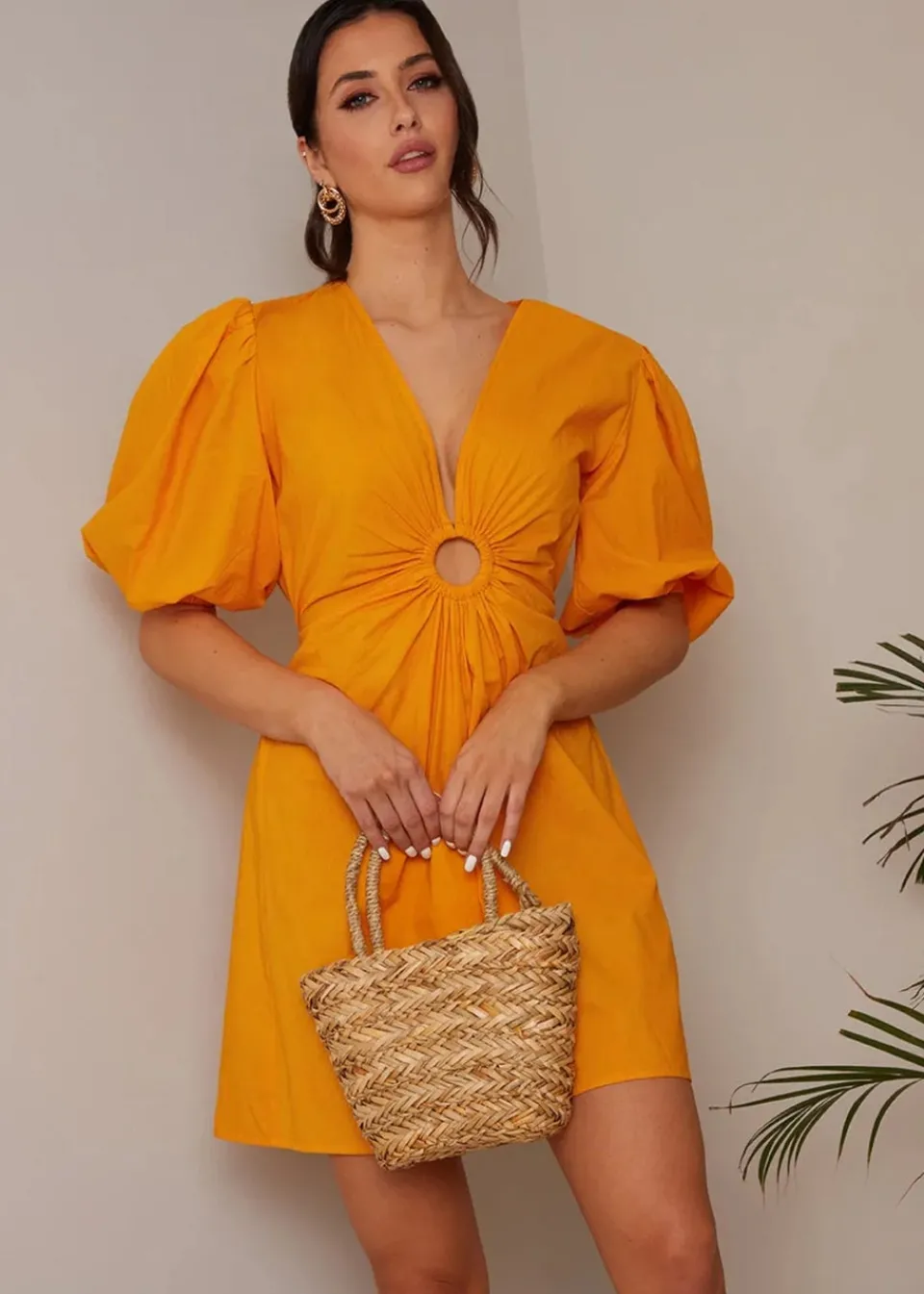 Dresses>Chi Chi London Orange Ring Front Puff Sleeve Mini Dress