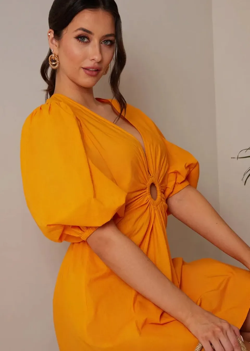 Dresses>Chi Chi London Orange Ring Front Puff Sleeve Mini Dress