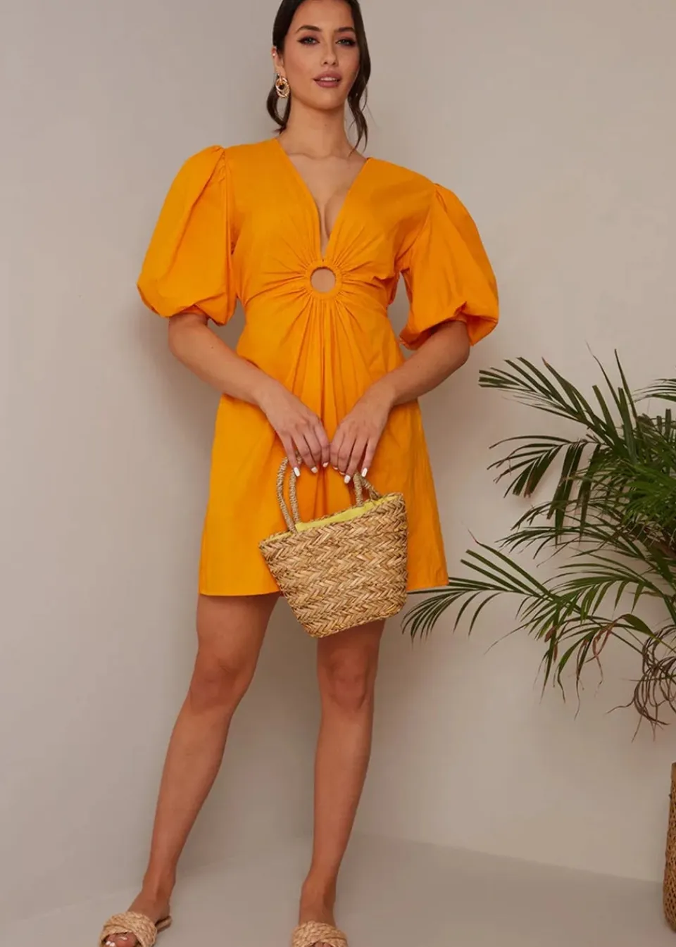 Dresses>Chi Chi London Orange Ring Front Puff Sleeve Mini Dress