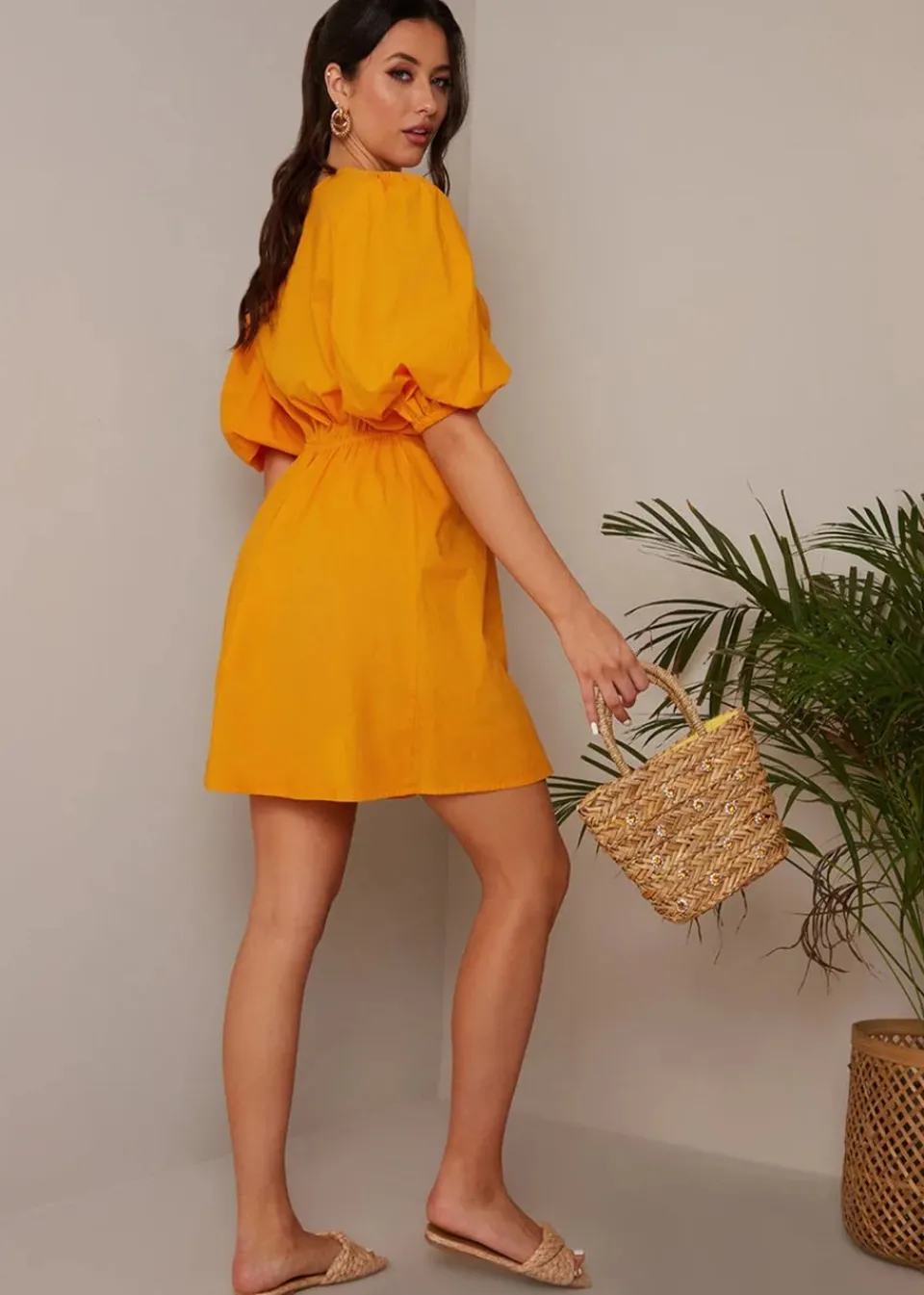 Dresses>Chi Chi London Orange Ring Front Puff Sleeve Mini Dress