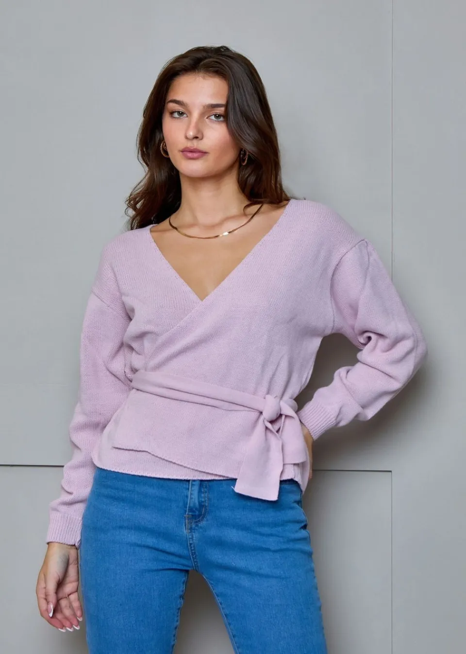 Tops>Chi Chi London Pink V Neck Wrap Jumper