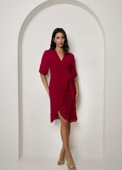 Dresses>Chi Chi London Red Puff Sleeve Dobby Ruffle Wrap Mini Dress