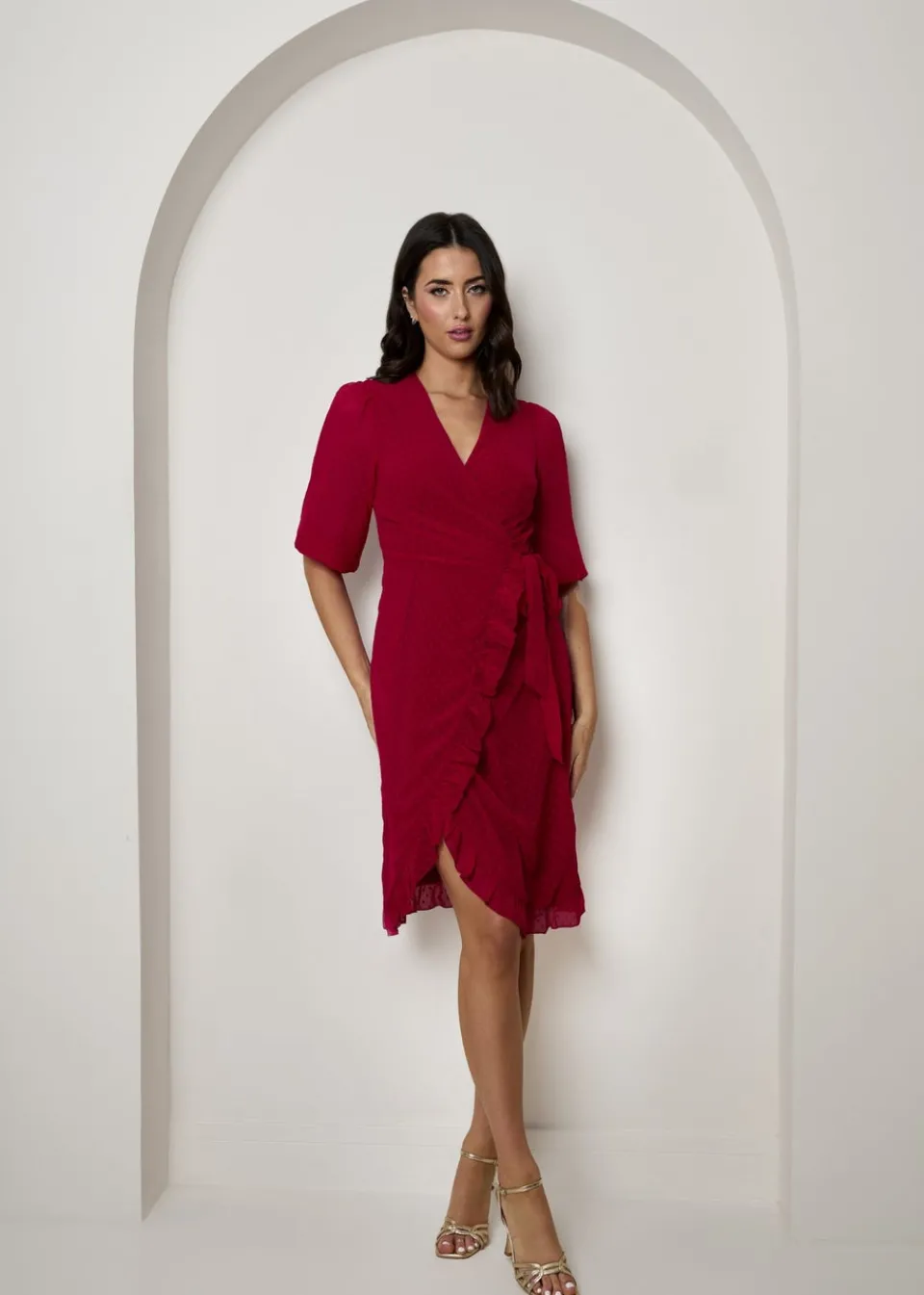Dresses>Chi Chi London Red Puff Sleeve Dobby Ruffle Wrap Mini Dress