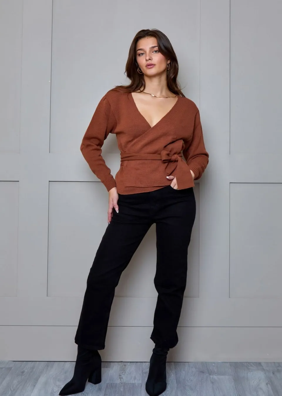 Tops>Chi Chi London Tan V Neck Wrap Jumper