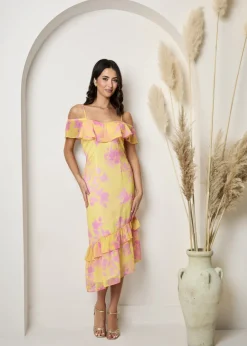 Dresses>Chi Chi London Yellow Off The Shoulder Frill Detail Midi Dress