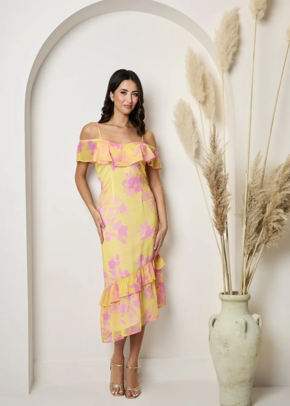 Dresses>Chi Chi London Yellow Off The Shoulder Frill Detail Midi Dress
