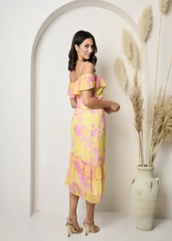 Dresses>Chi Chi London Yellow Off The Shoulder Frill Detail Midi Dress