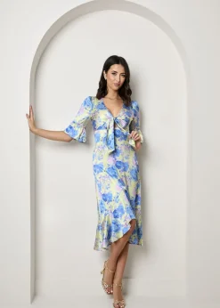 Dresses>Chi Chi London Yellow Short Sleeve Tie Front Floral Midi Dress