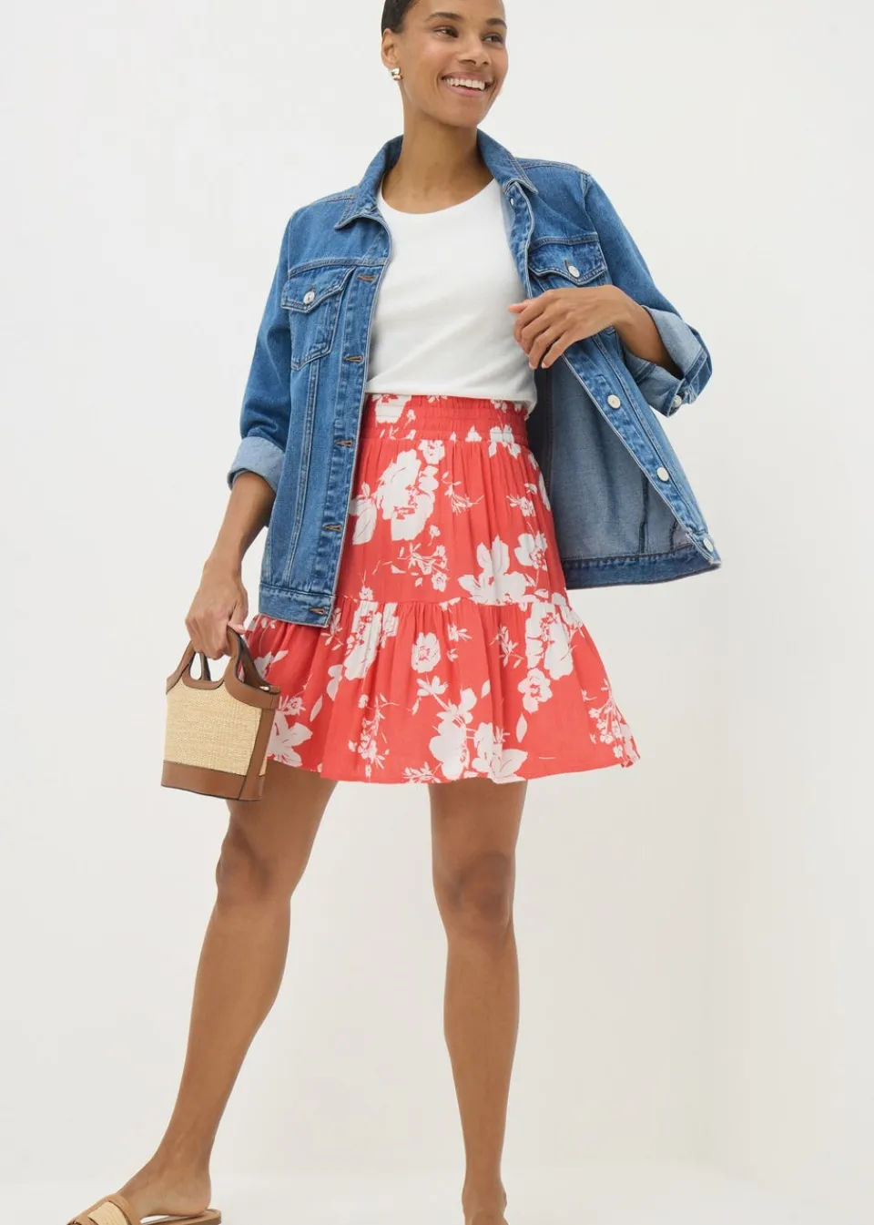 Skirts>Papaya Coral Bloom Cheesecloth Mini Skirt